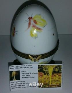 Limoges Porcelain Egg Hand Painted Music Box with a White Siamese Cat or Kitten