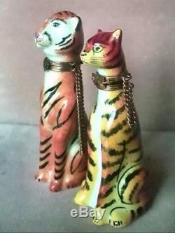 Limoges Porcelain Tiger Handpainted Signed Box (2) Male & Female Pair France