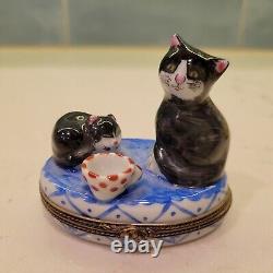 Limoges Porcelain Trinket Box Cat and Kitten Waiting for Milk