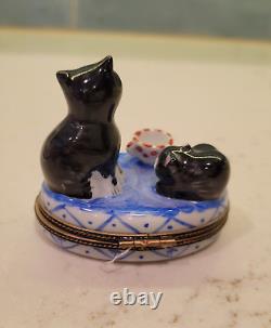 Limoges Porcelain Trinket Box Cat and Kitten Waiting for Milk