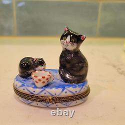 Limoges Porcelain Trinket Box Cat and Kitten Waiting for Milk