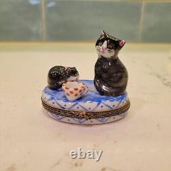 Limoges Porcelain Trinket Box Cat and Kitten Waiting for Milk