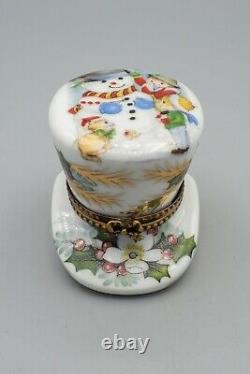 Limoges Porcelain Trinket Box Christmas Hat Holly Snowman Berries La Gloriette