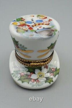 Limoges Porcelain Trinket Box Christmas Hat Holly Snowman Berries La Gloriette