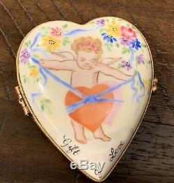 Limoges Porcelain Trinket Box, Heart Shaped, Cherubs Gift Of Love