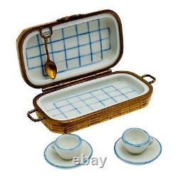 Limoges Porcelain Trinket Box Picnic Basket With Spoon & 2 Tea Cups Hand Painted