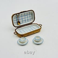 Limoges Porcelain Trinket Box Picnic Basket With Spoon & 2 Tea Cups Hand Painted