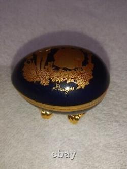 Limoges Porcelaine Castel France Egg Trinket Box 22kt Gold And Blue WithGold Stand