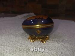 Limoges Porcelaine Castel France Egg Trinket Box 22kt Gold And Blue WithGold Stand