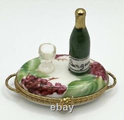 Limoges RARE Peint Main Porcelain Tray with Wine Glass & Bottle Vintage Trinket