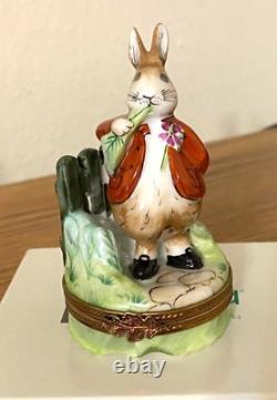 Limoges Rabbit with Red Coat Hinged Trinket Box withCarrot ParryVieille France