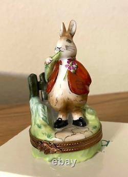 Limoges Rabbit with Red Coat Hinged Trinket Box withCarrot ParryVieille France