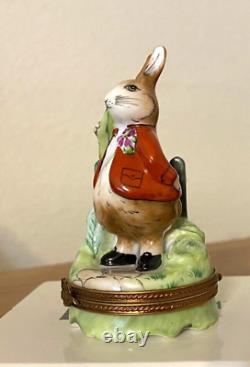 Limoges Rabbit with Red Coat Hinged Trinket Box withCarrot ParryVieille France