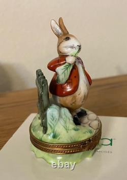 Limoges Rabbit with Red Coat Hinged Trinket Box withCarrot ParryVieille France