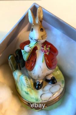 Limoges Rabbit with Red Coat Hinged Trinket Box withCarrot ParryVieille France