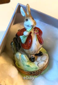 Limoges Rabbit with Red Coat Hinged Trinket Box withCarrot ParryVieille France