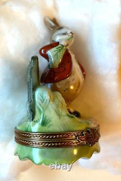 Limoges Rabbit with Red Coat Hinged Trinket Box withCarrot ParryVieille France