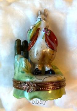 Limoges Rabbit with Red Coat Hinged Trinket Box withCarrot ParryVieille France