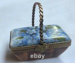 Limoges Rehausse Picnic Basket box Blue Flowers Porcelain Trinket Box