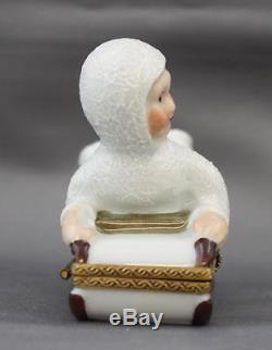 Limoges Rochard Child On Sled Hinged Trinket Box Peint Main France Snow Baby