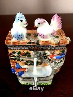 Limoges Rochard Peint Main Stone Fountain With Lovebirds Trinket Box