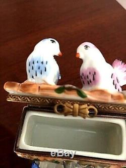 Limoges Rochard Peint Main Stone Fountain With Lovebirds Trinket Box