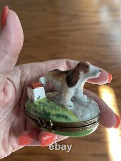 Limoges Rochard Porcelain Trinket Box Dog Lifting Leg Made in France 2.75x2
