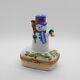 Limoges Rochard Snowman With Blue Scarf And Red Present Trinket Box