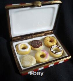 Limoges Rochard Trinket Box Donut Box with 6 Fat Free Donuts