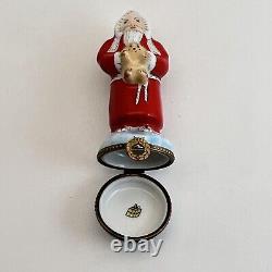 Limoges Santa Claus Holding Teddy Bear Porcelain Trinket Box France Peint Main