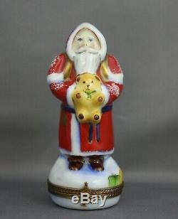 Limoges Santa With Teddy Bear Hinged Trinket Box La Vie En Rose Pere Noel