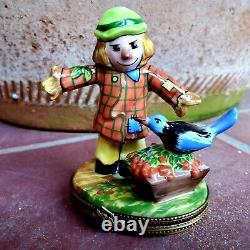 Limoges Scarecrow with Blue Bird Box French Porcelain