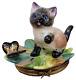 Limoges Siamese Cat With Butterfly Porcelain Trinket Box France Peint Main