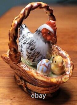 Limoges Trinket Box Basket Hen with Chicks and Easter Eggs Rare