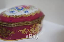 Limoges Trinket Box Dark Red Floral with Gold Accents & Oval Hinge