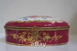 Limoges Trinket Box Dark Red Floral with Gold Accents & Oval Hinge