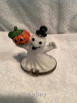 Limoges Trinket Box Halloween Happy Ghost & Pumpkin Hand-Painted Porcelain