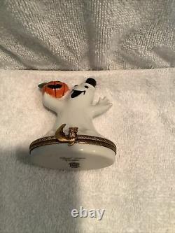 Limoges Trinket Box Halloween Happy Ghost & Pumpkin Hand-Painted Porcelain