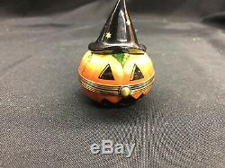 Limoges Trinket Box Halloween Pumpkin With Witch Hat 7/500 Peint Main Oervailles