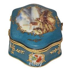 Limoges Trinket Box Hand Painted Dutch Landscape Hinged 5.5 Turquoise Blue