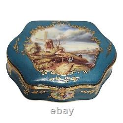 Limoges Trinket Box Hand Painted Dutch Landscape Hinged 5.5 Turquoise Blue