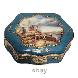 Limoges Trinket Box Hand Painted Dutch Landscape Hinged 5.5 Turquoise Blue