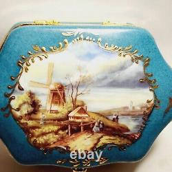 Limoges Trinket Box Hand Painted Dutch Landscape Hinged 5.5 Turquoise Blue