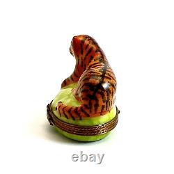 Limoges Trinket Box Laying Bengal Tiger Porcelain France Peint Main Signed AL