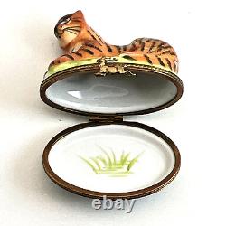 Limoges Trinket Box Laying Bengal Tiger Porcelain France Peint Main Signed AL