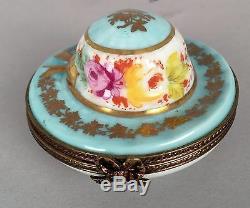 Limoges Trinket Box Light Blue Floral & Gilt Hat Hand Painted 204