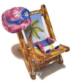 Limoges Trinket Box, Peint Main, Beach Chair with Sunglasses & Hat (Rochard)