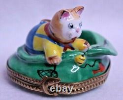 Limoges Trinket Box Peint Main France Cat in Upside Down Hat Fishing