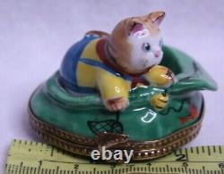 Limoges Trinket Box Peint Main France Cat in Upside Down Hat Fishing
