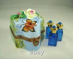 Limoges Trinket Box Peint Main GV Butterfly, 3-D Roses & 3 Mini Bottles